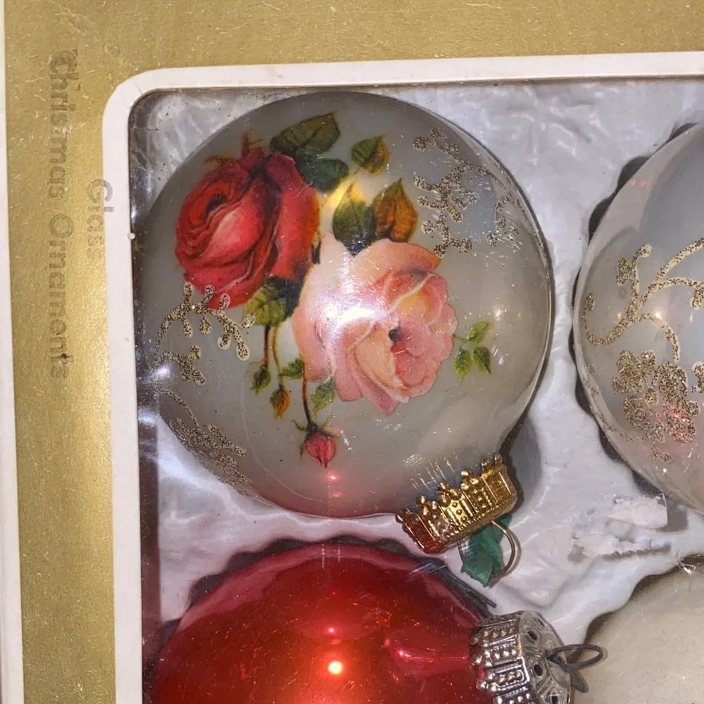 Vintage Glass Christmas Ornaments Plus 2 Boxes Of Krebs Victorian Roses Hand Dec